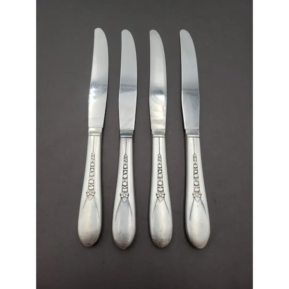 WM Rogers Mfg Set 4 Dinner Knives PRISCILLA LADY ANN Silverplate Flatware Vtg